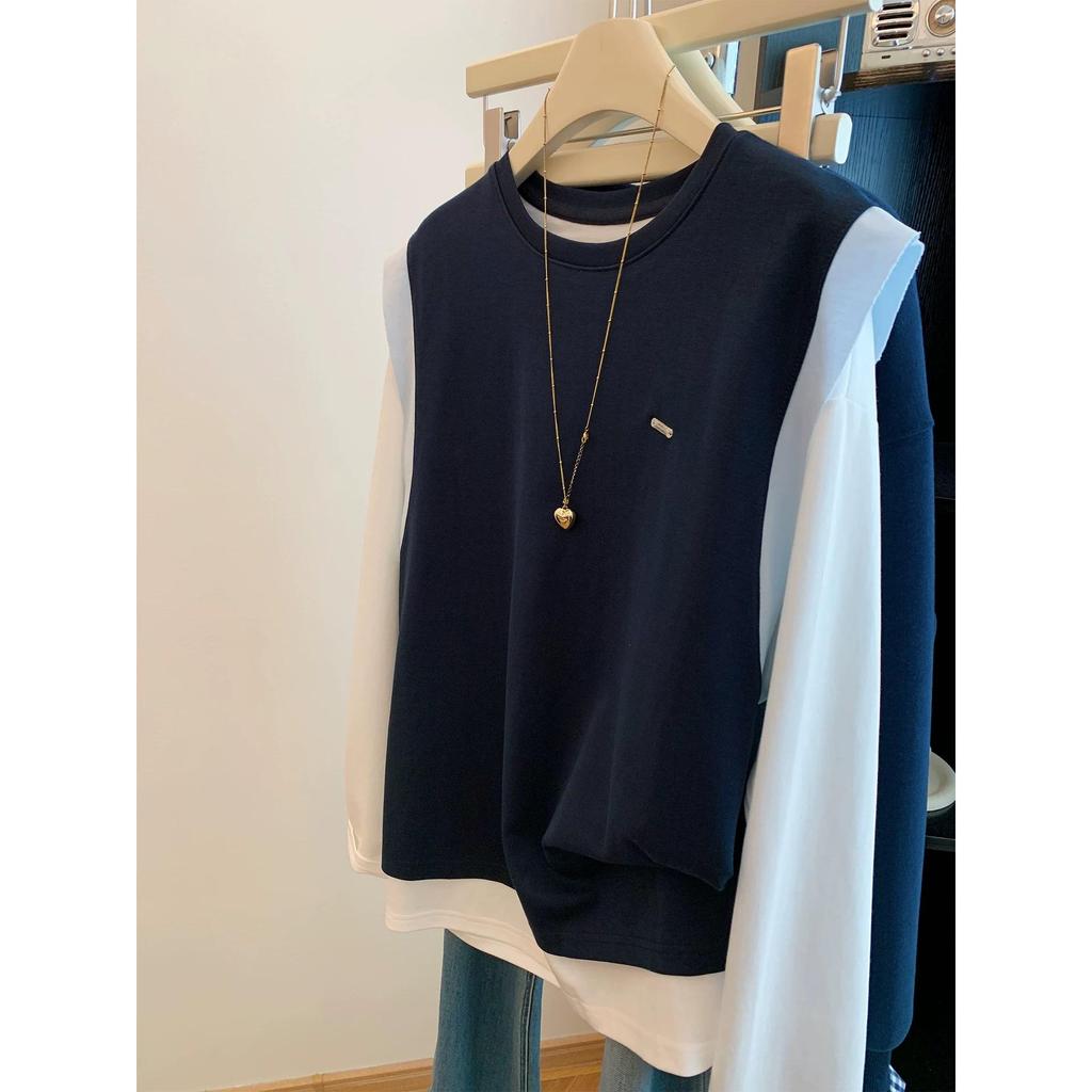 Women's Retro Color Block Long Sleeve Fake Two-Piece Top - Autumn/Winter Loose Fit