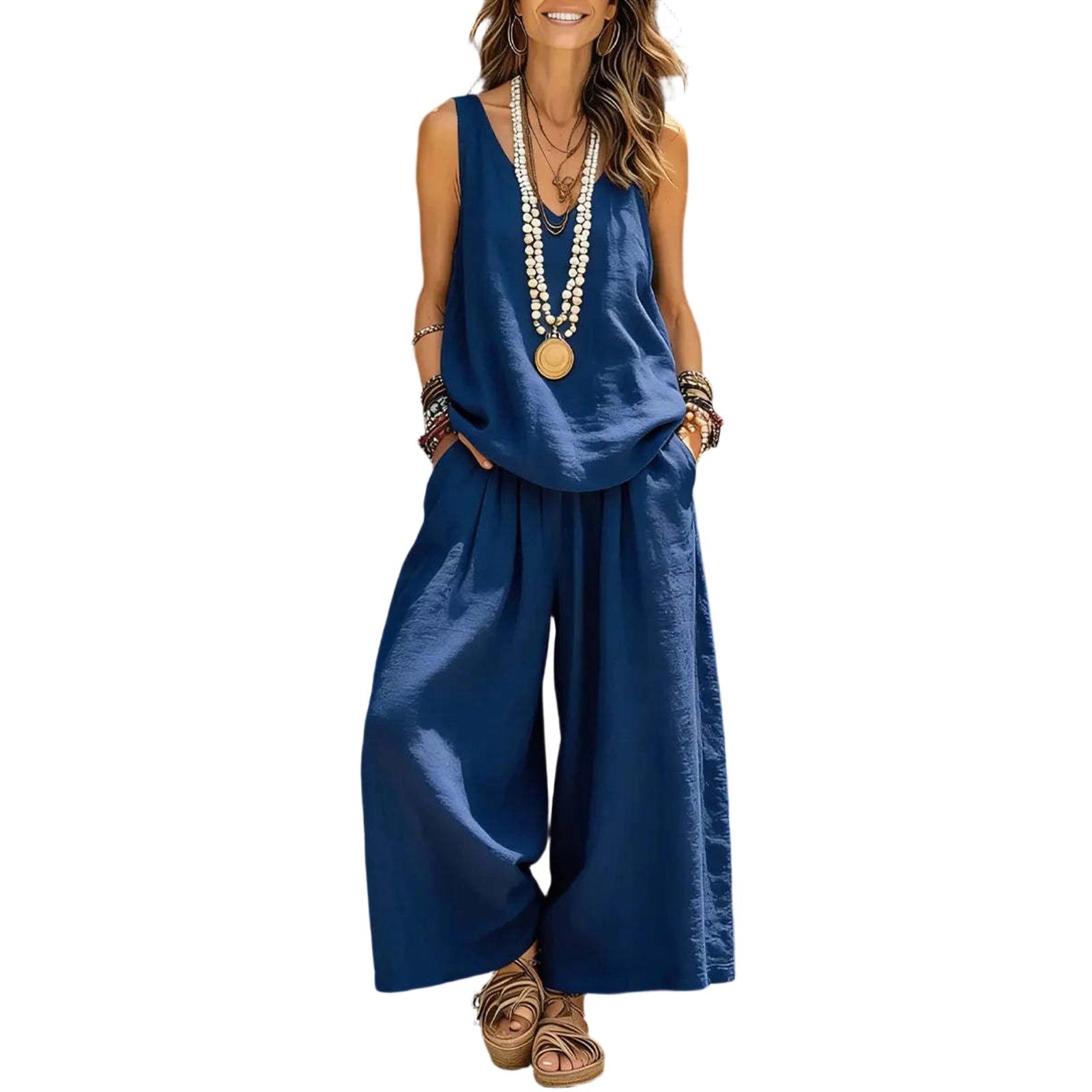Women s Ccasual Sleeveless Vest And Wide Leg Pants Cotton Linen Set L синий