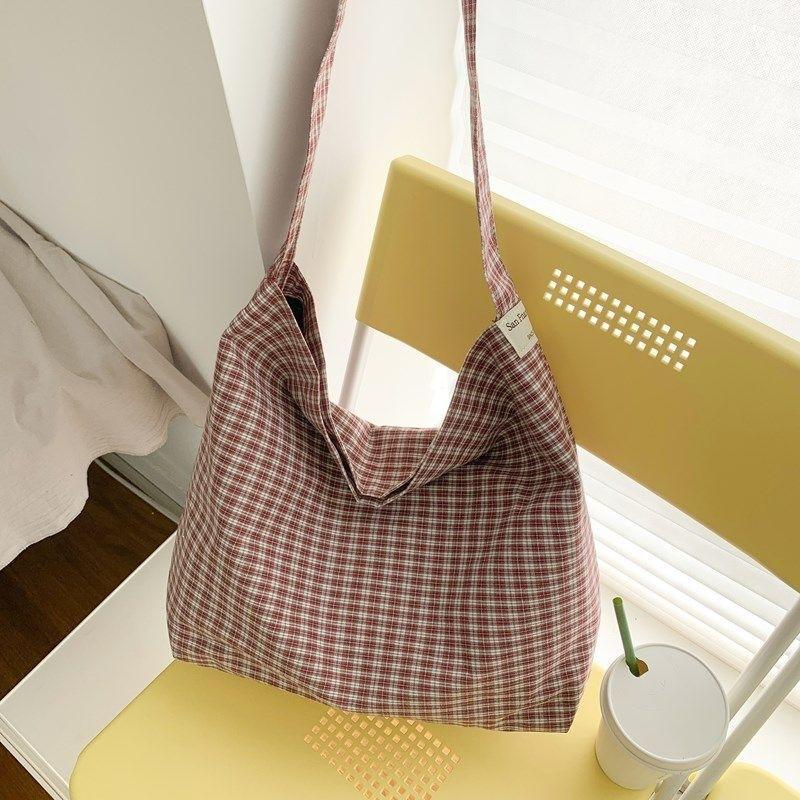Plaid Canvas Shoulder Tote Bag Large Capacity Soft Fabric Perfect For Daily Commuting School Shopping