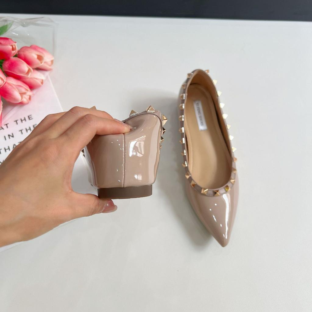 Sheepskin Inner Height Increase 5cm Rivet Patent Leather Pointed Flat Shoes Women's Spring New Sexy V Home Micro Open Toe Shallow Mouth Single Shoes