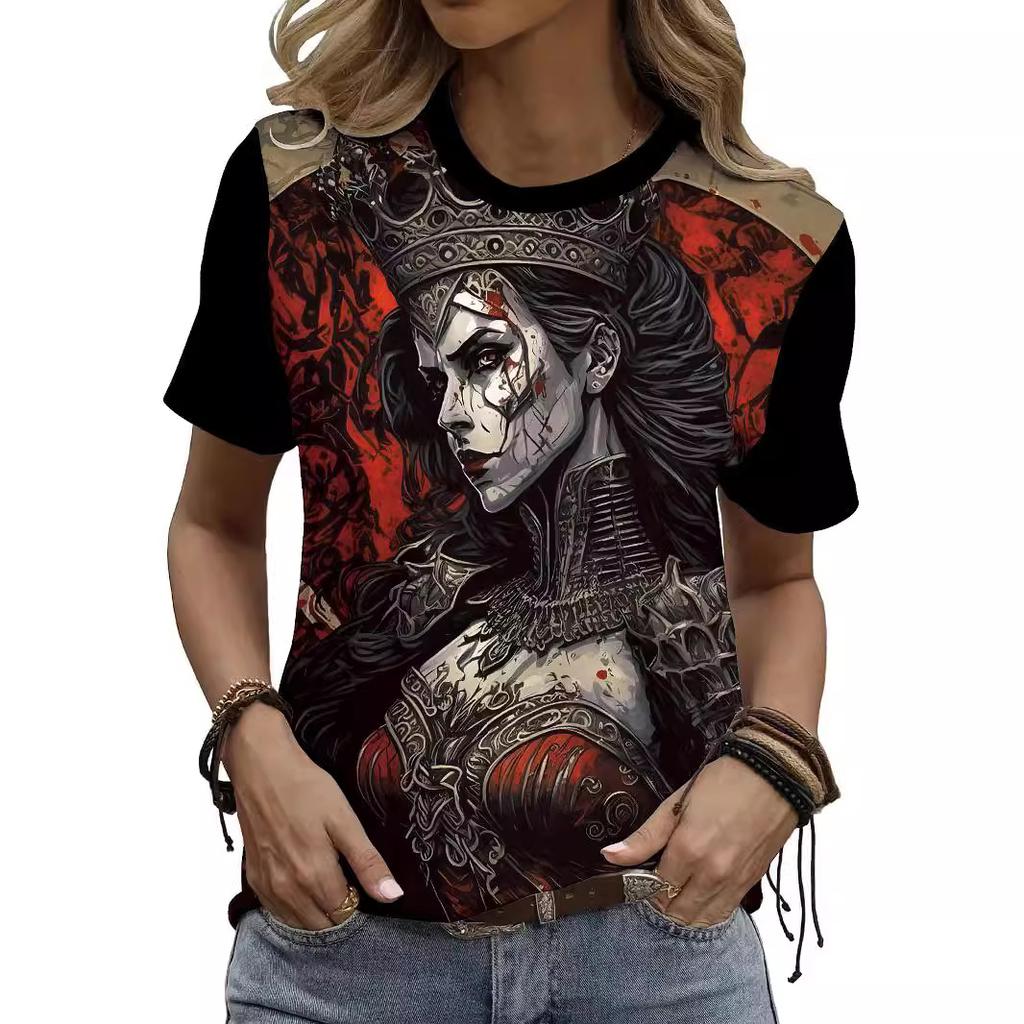 Summer Round Neck 3D Skull Print Top Fashionable Casual Short Sleeved Women's T-shirts