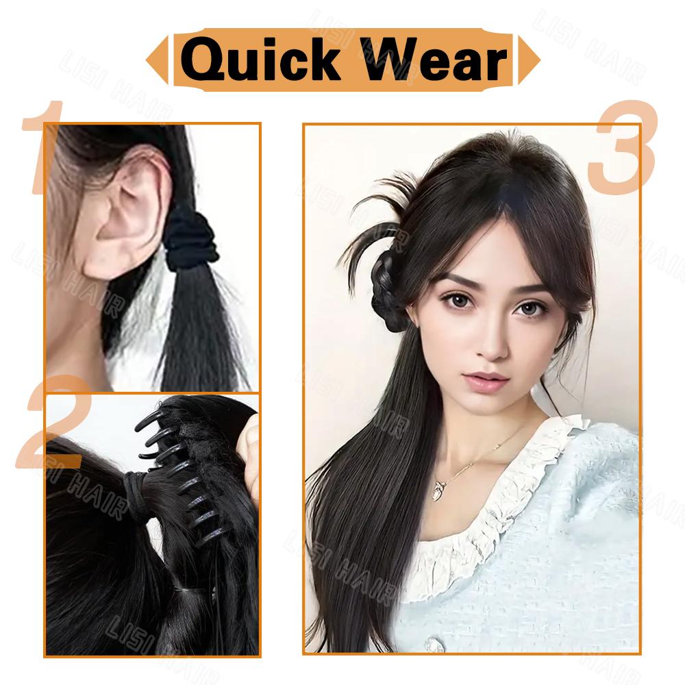 LISI HAIR Synthetische lange gewellte Klaue mit geflochtenen Pferdeschwanzverlängerungen, Perückenzubehör, Perücke für den täglichen Gebrauch von Frauen