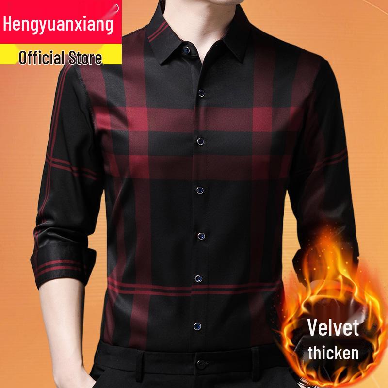 Hengyuanxiang Men's Autumn Plaid Long Sleeve Iron-Free Casual Shirt