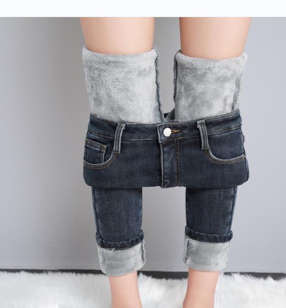 Women's High-Waist Skinny Denim Jeans - Dark Blue, Elastic, Plus Velvet, Spring 2024 Fashion.