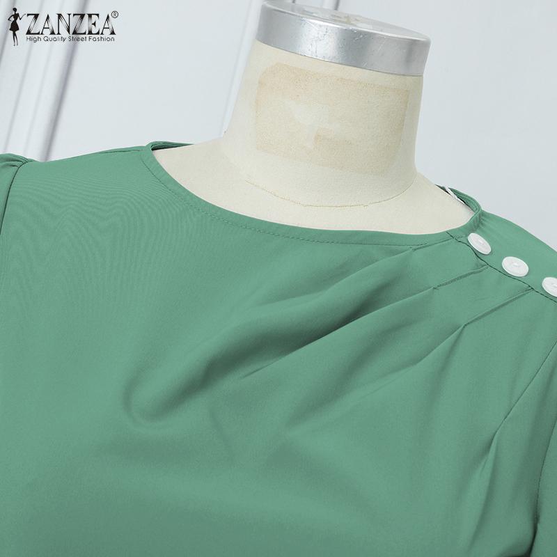 ZANZEA Vestido Casual de Verano para Mujer de Cuello Redondo y Manga Corta Holgado