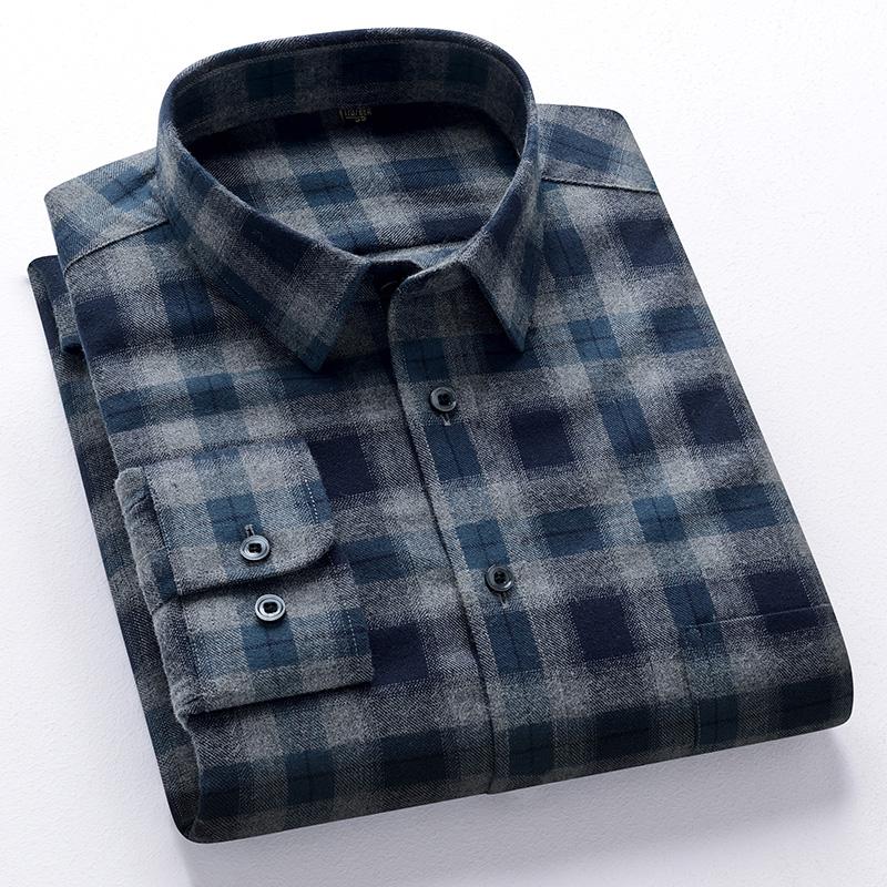 New 100% Pure Cotton Flannel Men's Plaid Shirts Male Business Casual High Quality Long sleeve Shirt for Men Pocket Shirt 4XL 5XL