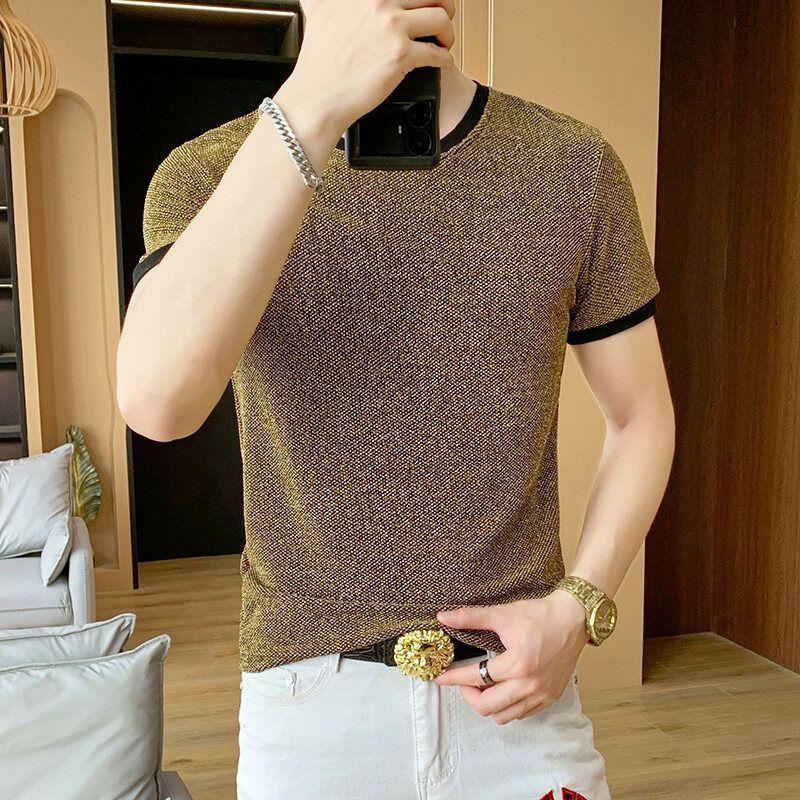 Shiny Silk Men O Neck Short Sleeve T Shirt Summer Fashion Hip Hop Punk Oversize Streetwear Golden Silver Party