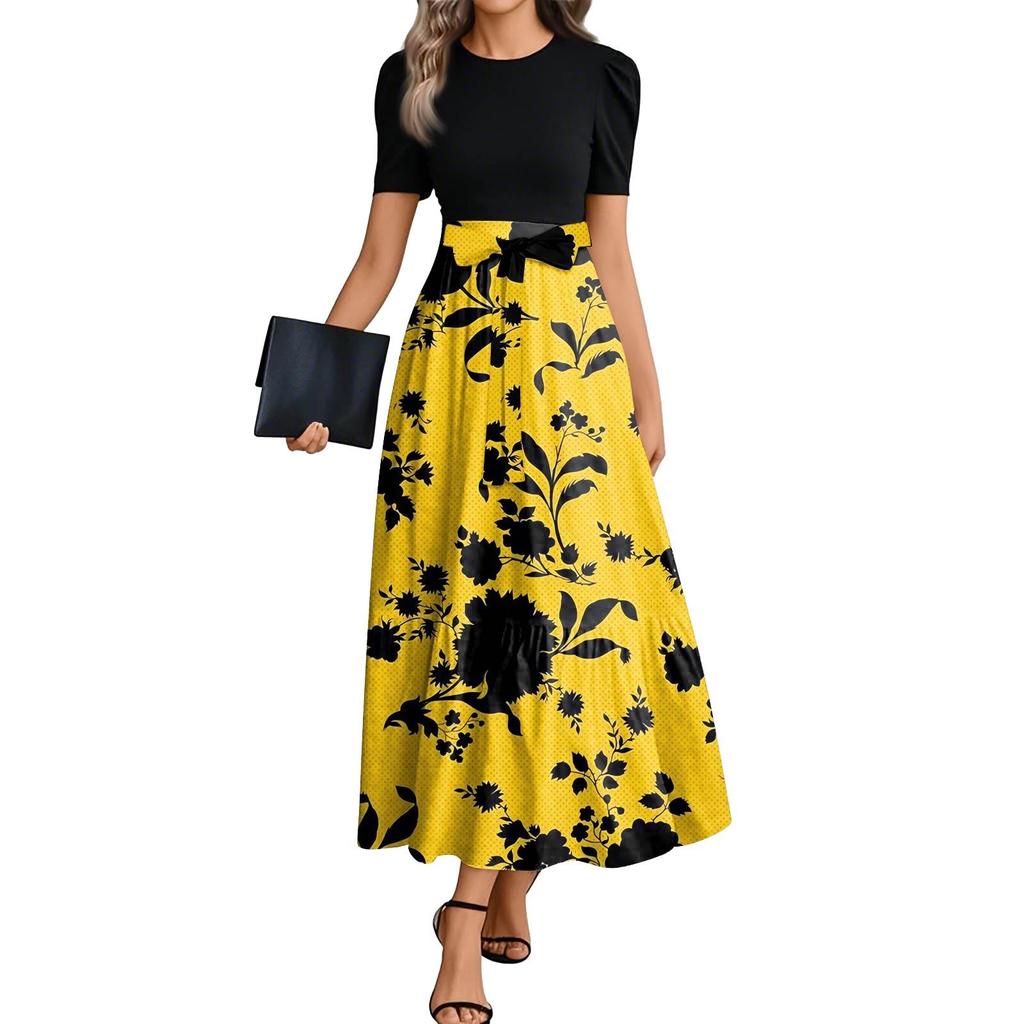 Women's Floral Print High Waist Fashionable And Elegant Dress