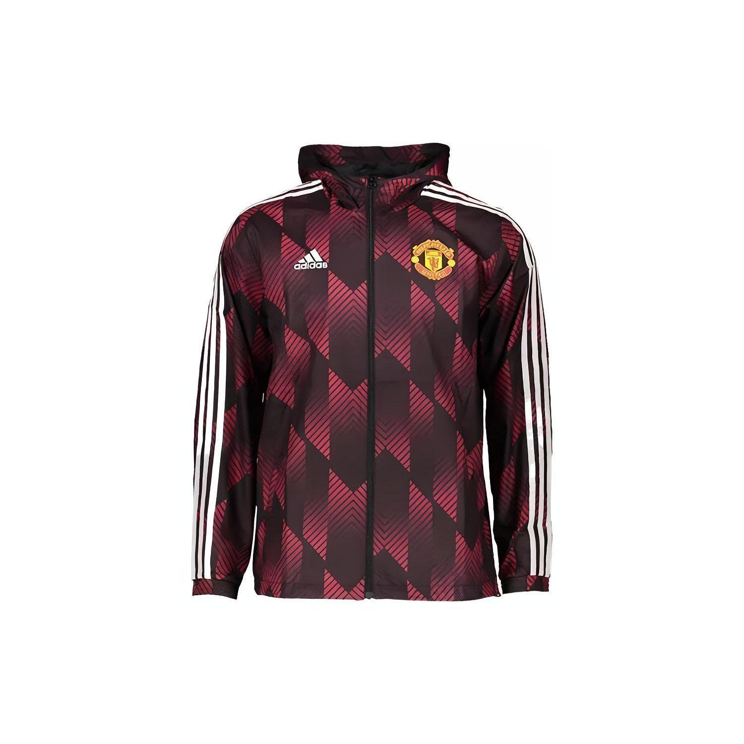 

Adidas Manchester United Football Series Striped Print Hooded Jacket, Men Regular Fit Lightweight Windproof Soccer Casual Outerwear Purple Red GR3872 M