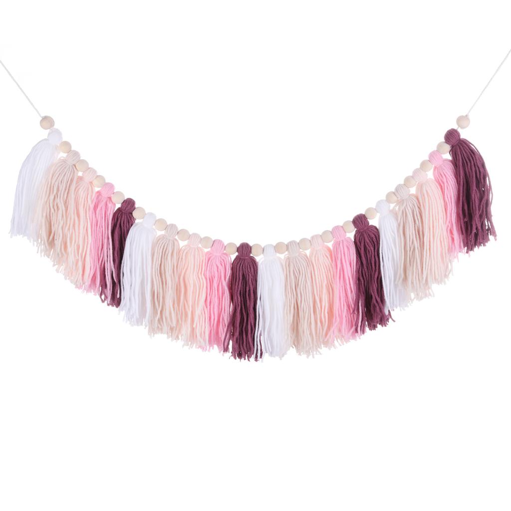 Bohemian Yarn Tassel Garland with Wood Beads 3.9Ft Wall Hanging Tassels Banner Western Room Decor for Bedroom Office Nursery