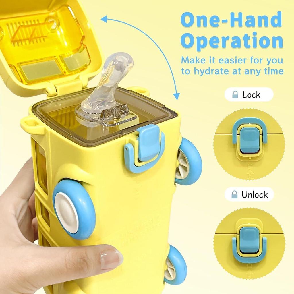 Water Bottle For Kids, Bus Shape Car Water Bottle with Straw For Kids, Portable Kid Water Cup with Shoulder Strap 500 ML