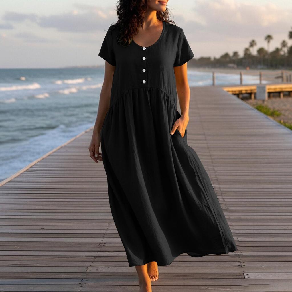 Women's Fashionable Color Cotton And Linen Round Neck Short Sleeved Pocket Casual Loose Beach Vacation Dress