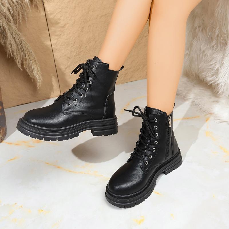 2025 Women's Fashion Boots Round Toe Platform Sole Square Heel Lace-up Short Boots Classic All-match Autumn Winter Women Boots