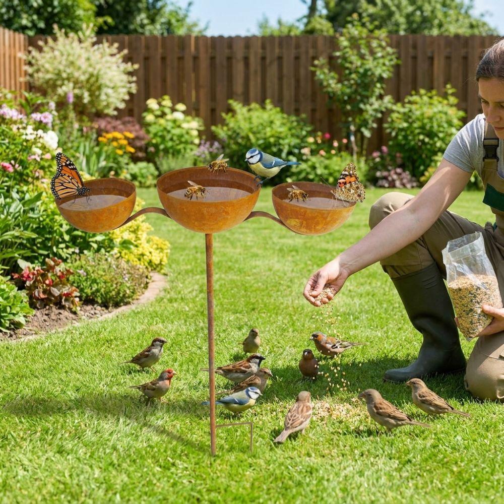 Rotatable Garden Rain Catcher Rusted Bird Water Bowls 3-Tiered Bird Bath Courtyard