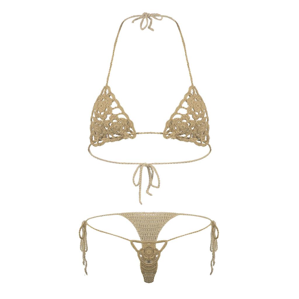 Damen Blumig Handgehäkelt Häkeln Dessous Bikini Set Ausgeschnitten Zweiteilig Badeanzug