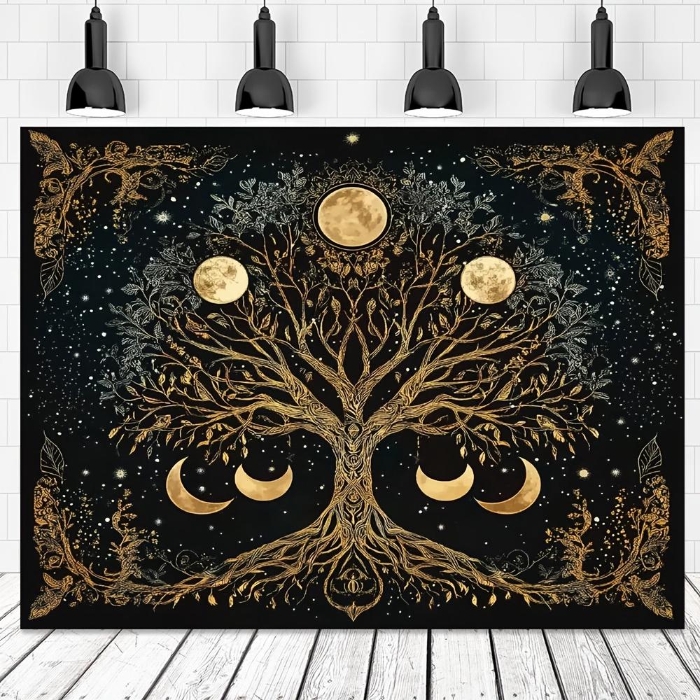VIKAMA Tree of Life Starry Sky Tapestry Golden Tree and Moon Stars Bohemian Style Living Room Background Wall Bedroom Decor