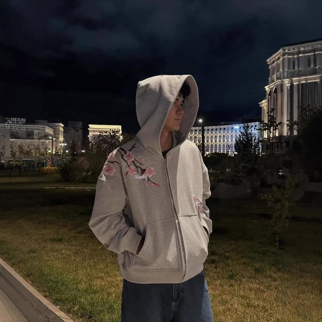 Retro Floral Kirschblüte Bestickt Street Style Unisex Hoodie