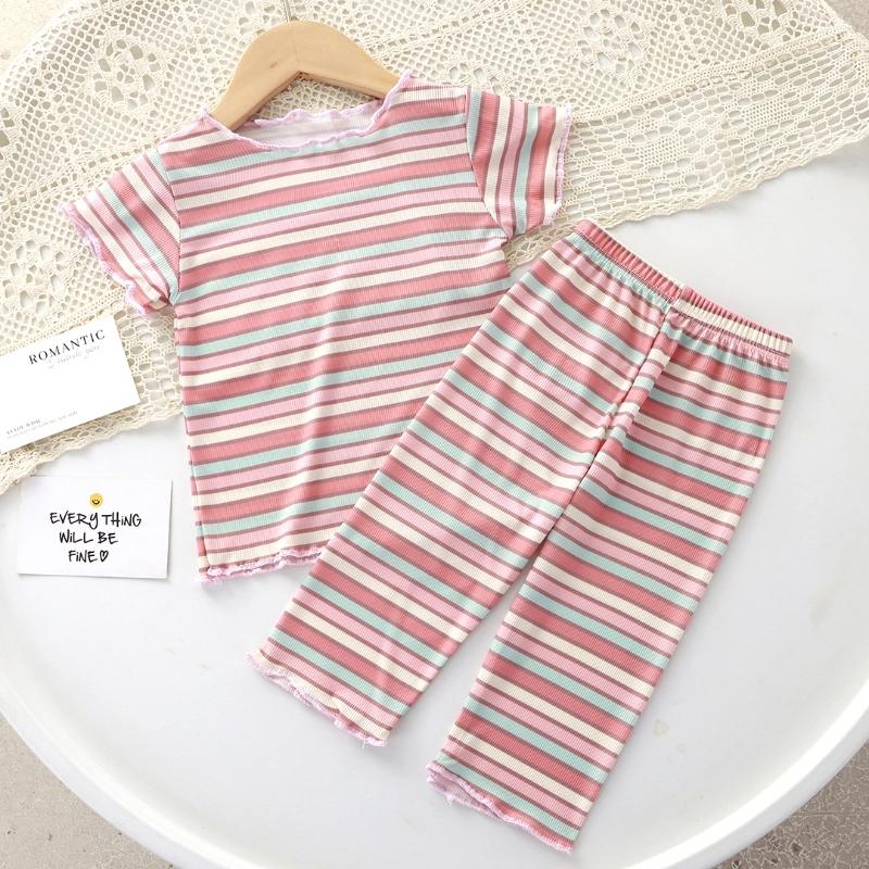 2Pcs/Set Korean Version of Summer Girls Short Sleeved Top Suit Comfortable Air Conditioning Suit Baby Girl Ice Silk Polka Dot Home Clothes
