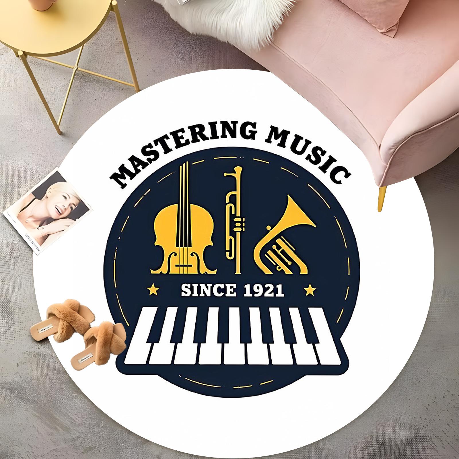 

Винтажный Круглый Ковер для Музыкальной Студии Дизайн Mastering Since 1921 со Скрипкой и Саксофоном, Сине-Желтый Ретро Ковер, Декор для Дома Музыканта 60cm