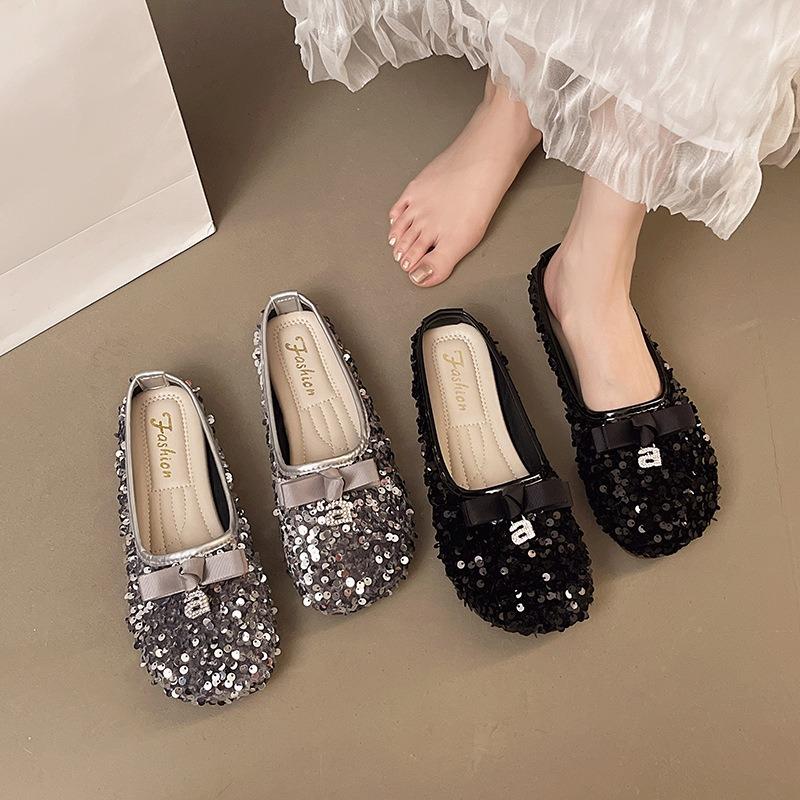 Flat-bottomed Slippers Women's New Bow Retro Large-size Sandals Bag Head Half Slippers Women's Summer