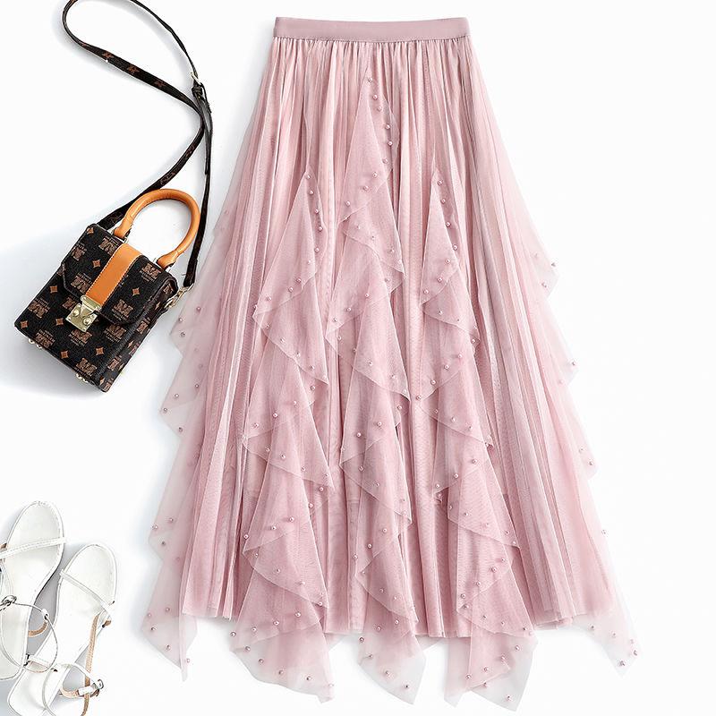 Spódnica midi z siateczki z gazy i koralików wiosenno-letniej sukience w kształcie litery A, o nieregularnym kroju, z wysokim stanem