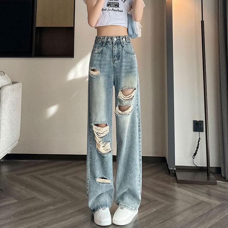 Women's Adjustable High Waist Ripped Wide-Leg Jeans