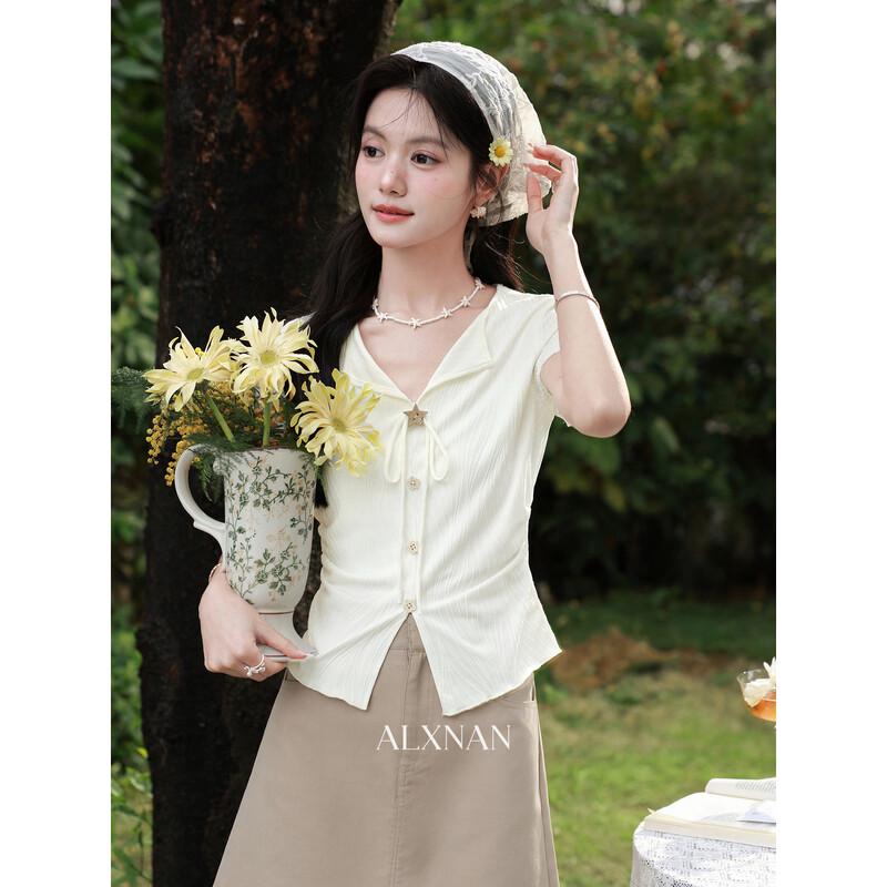 Women s French Style Slim Fit Off-White Short Sleeve V-Neck T-Shirt S
