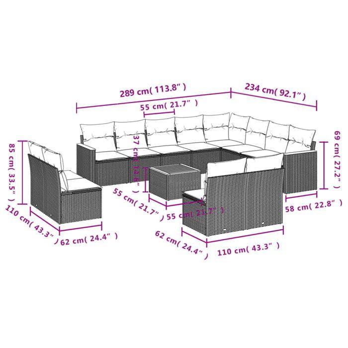 VidaXL Salon de Jardin avec Coussins 13 pcs, Canapés de Terrasse, Ensemble de Meubles de Patio, Mobilier d'Extérieur, Gris 3226480