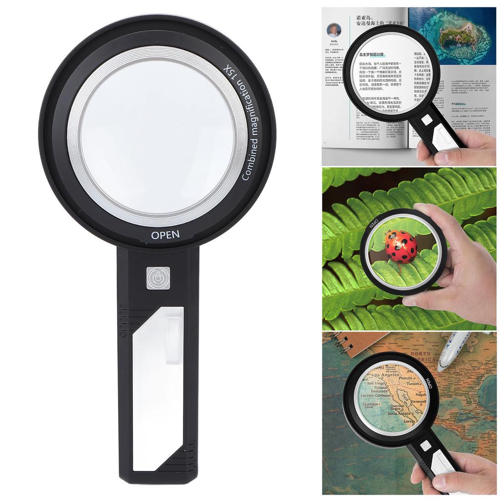 Handheld Magnifying Glass 6X/15X Reading Illuminated Lighted Magnifier with 6 LED Lights for Seniors Reading