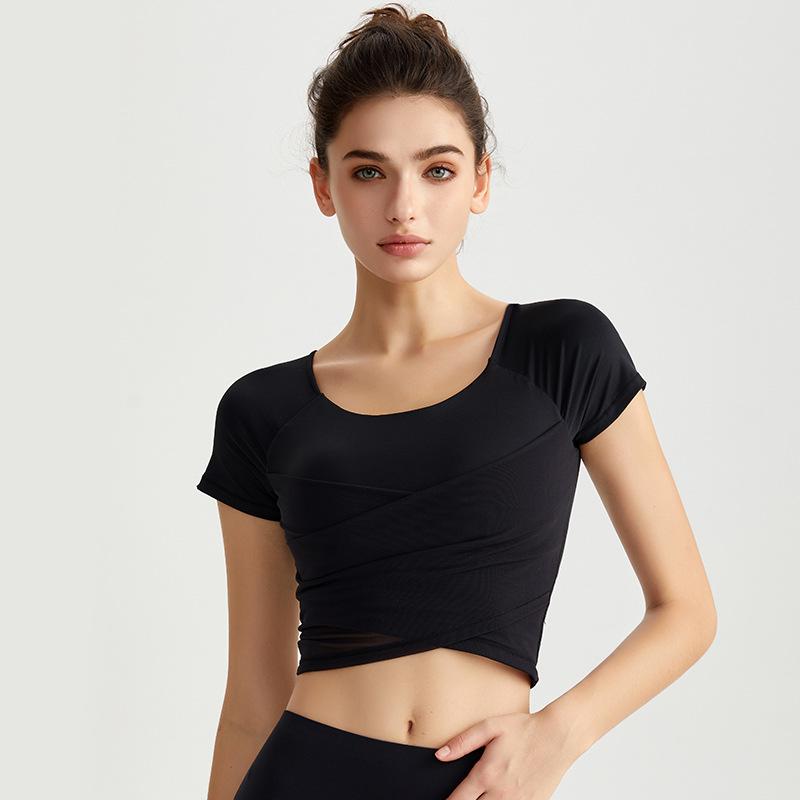 Chinese Style Women's Summer Yoga Top – Short Sleeve, Fixed Cups, Cross Mesh, Pleated, Slim Fit Sports Wear
