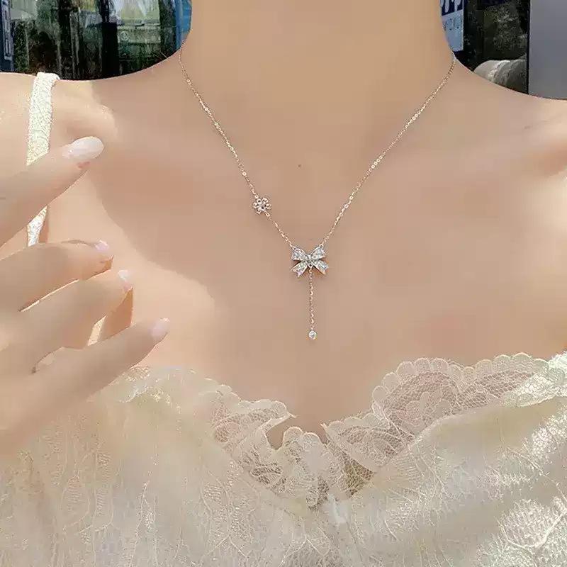 Bow Tassel Necklace Female Niche Exquisite Fashion Light Luxury Ins Wind Full Of Diamonds Butterfly Pendant Female Quality