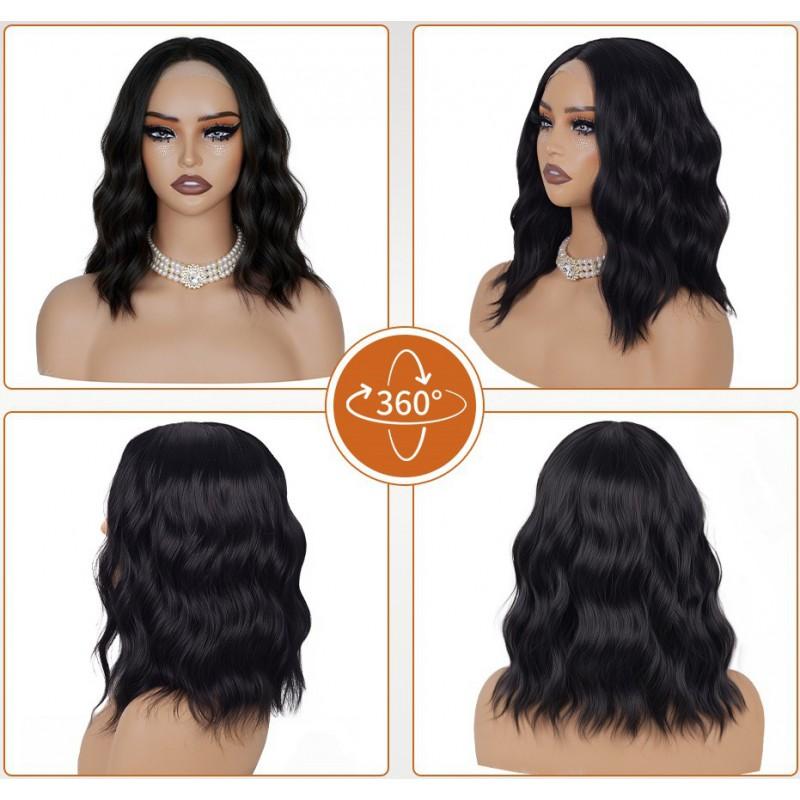 Womens Short Curly Wig 4x1 Small T Part Lace Middle Water Wave Synthetic