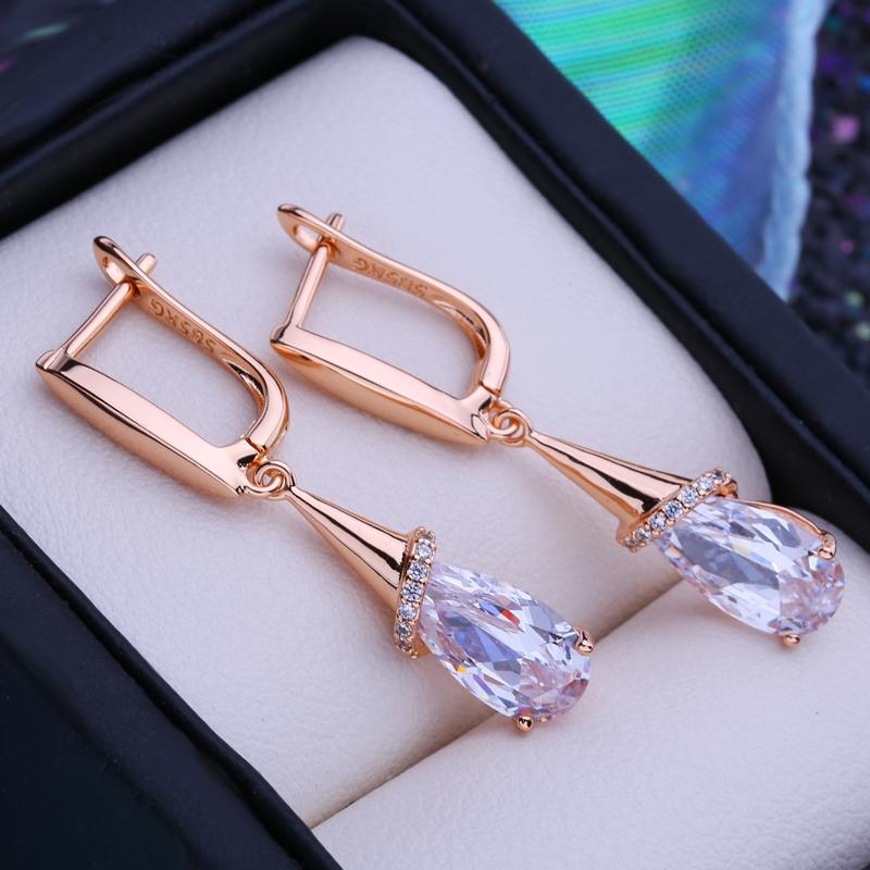 LSOOYH Rose Gold Farbe Mode Tropfen Ohrringe Kubischen Zirkon Ohrringe Hochzeit Schmuck Elegante Geschenke Für Frauen