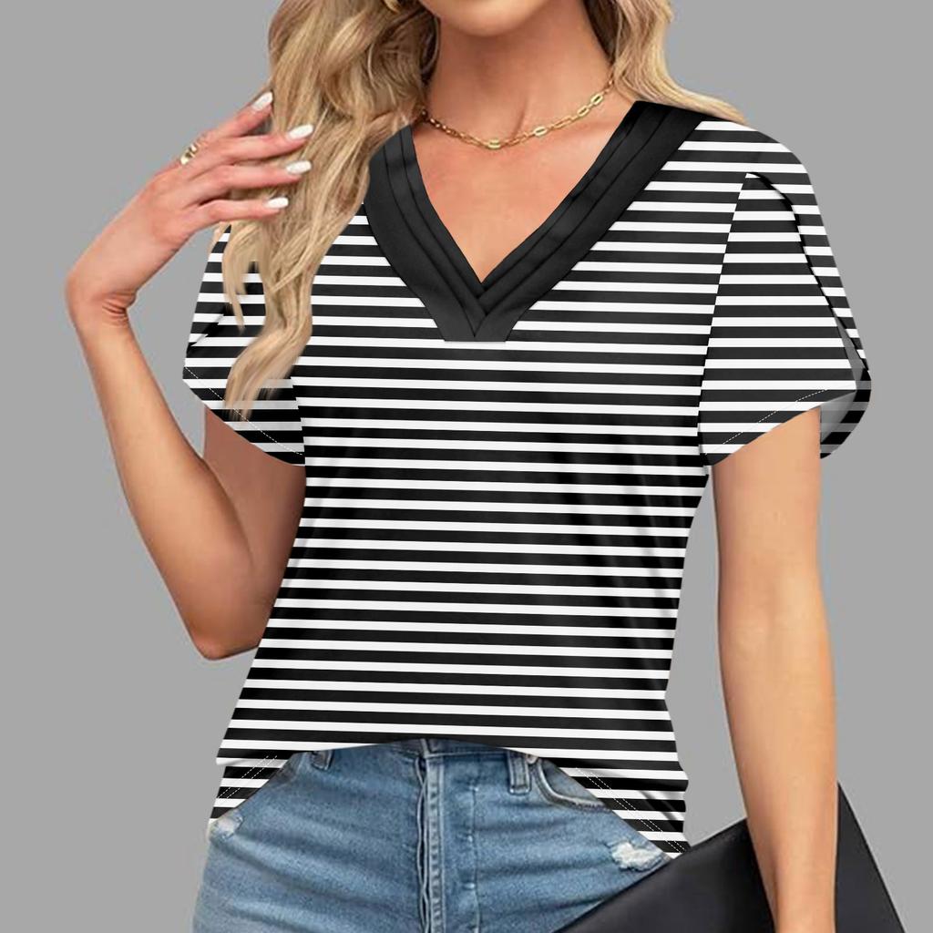 Dámské halenky elegantní ležérní, módní potisk s krátkým rukávem retro potisk tričko jedinečný design V-výstřih nadměrná trička