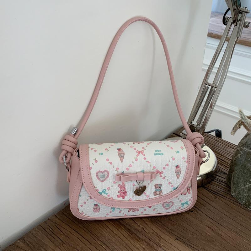 

Новая популярная универсальная сумка через плечо с милым принтом для женщин 2025, женская текстурная нишевая сумка кроссбоди с бантом, маленькая квадратная сумка 23*6.5*14 розовый