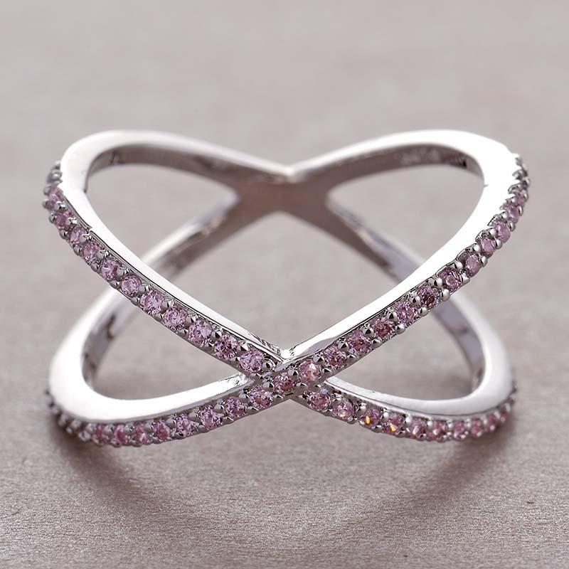 Huitan Luxury Cross X Shape Women Engagement Ring Full Paved CZ Stone CopperColor Elegant Simple Female Jewelry Ring