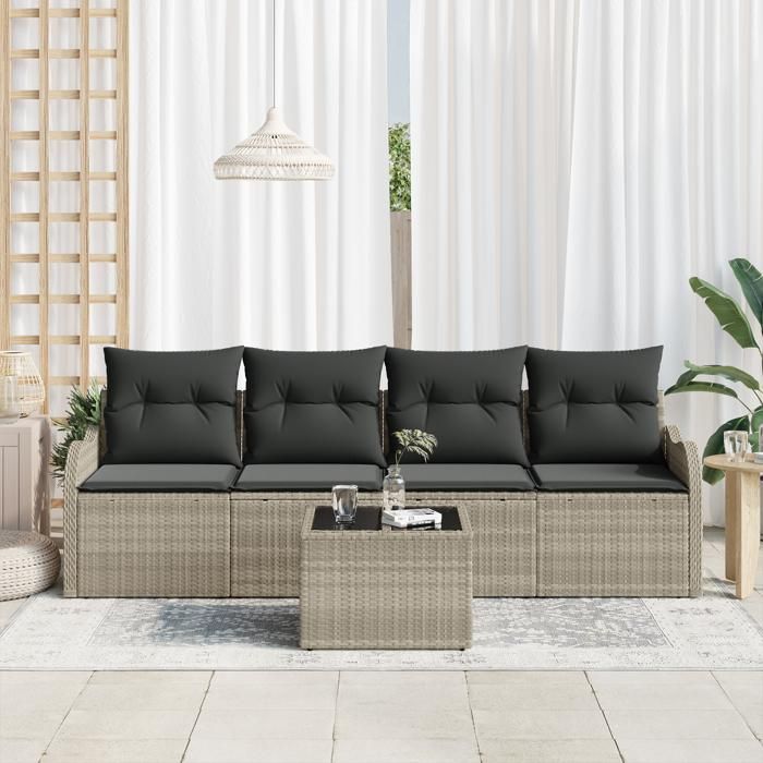 Ensemble de canapés de jardin 5 pièces avec coussins Gris clair Poly Rotin, Canapé de jardin 2 places avec coussins Gris 3345572
