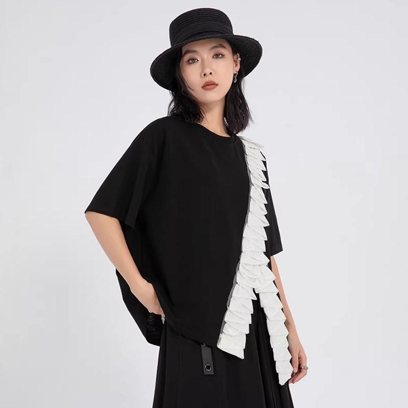 Short Sleeve Oversized Vintage Patchwork Casual Loose Summer T Shirt Tops Women T-shirt