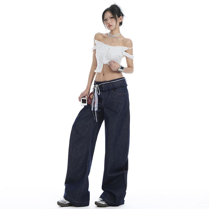 2025 Spring Women's Ruffle Edge Double Waist Saber Pants in Washed Spicy Street Style