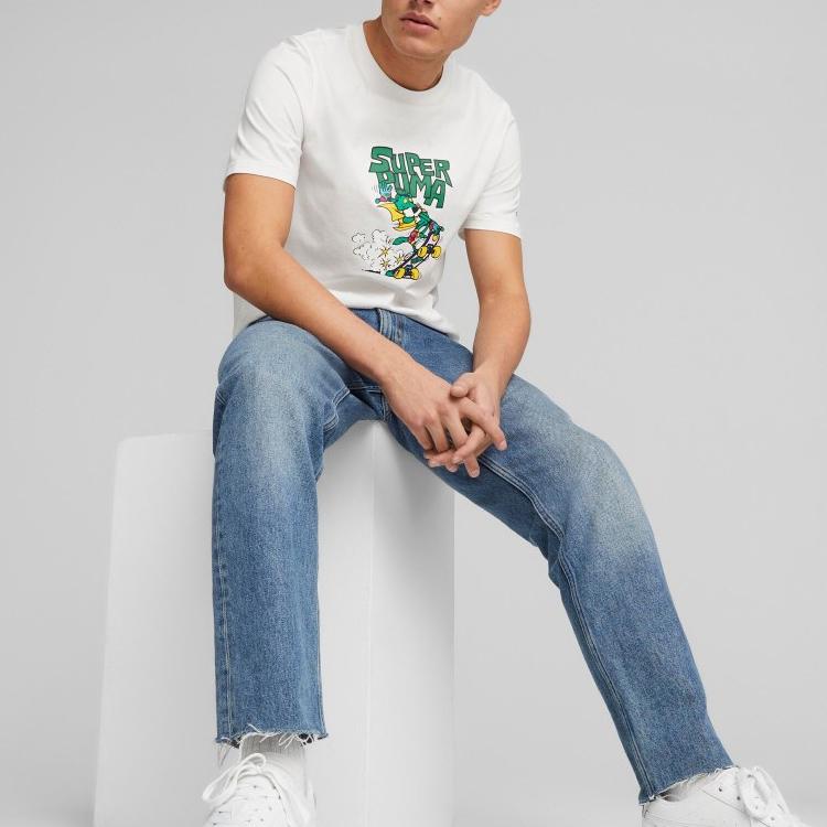 Puma Letter American Retro Cartoon Print Crew Neck Casual Pullover Short Sleeve T-Shirt Men Tops White 621992-02