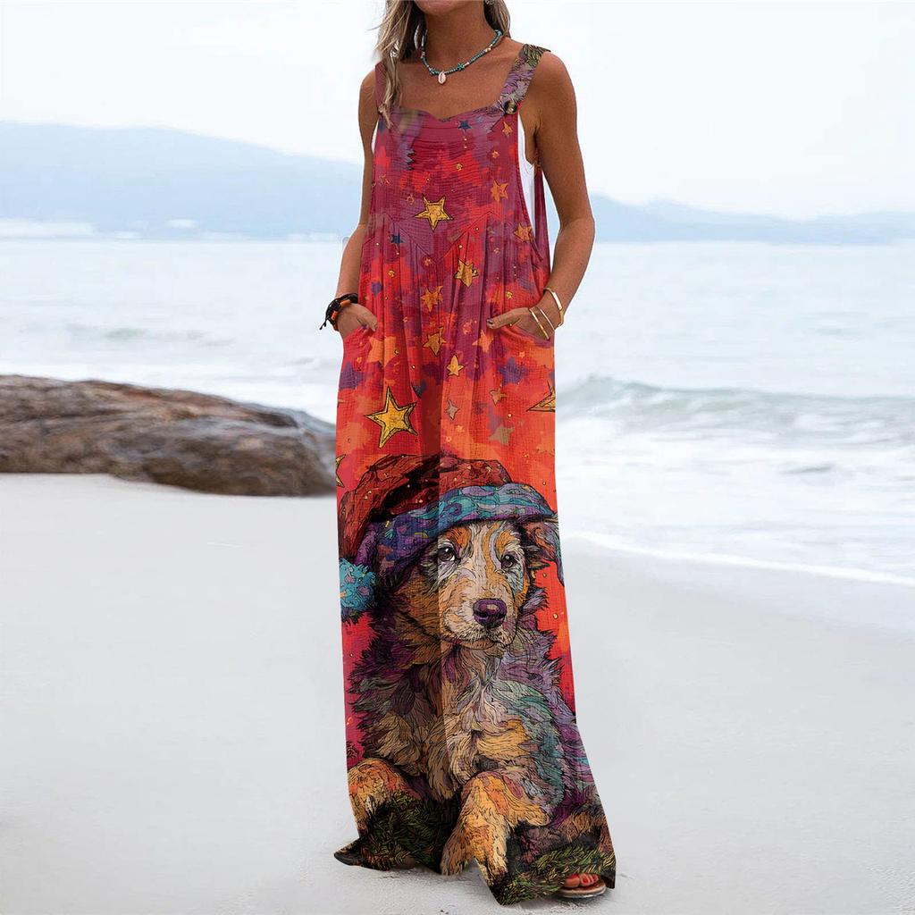 Women's Christmas Print Solid Wide Leg Strapless Tank Pocket Casual Onesie