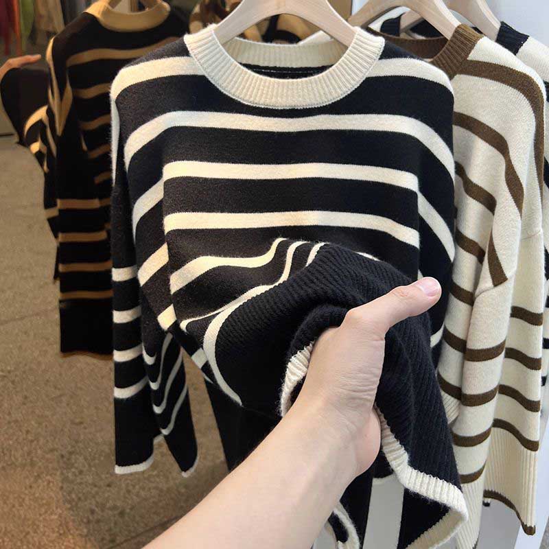 Sweater Pullovers Tops Women Long Sleeves Contrast Stripes Autumn Winter Oversized  Loose Long Sleeve Pullover Tops