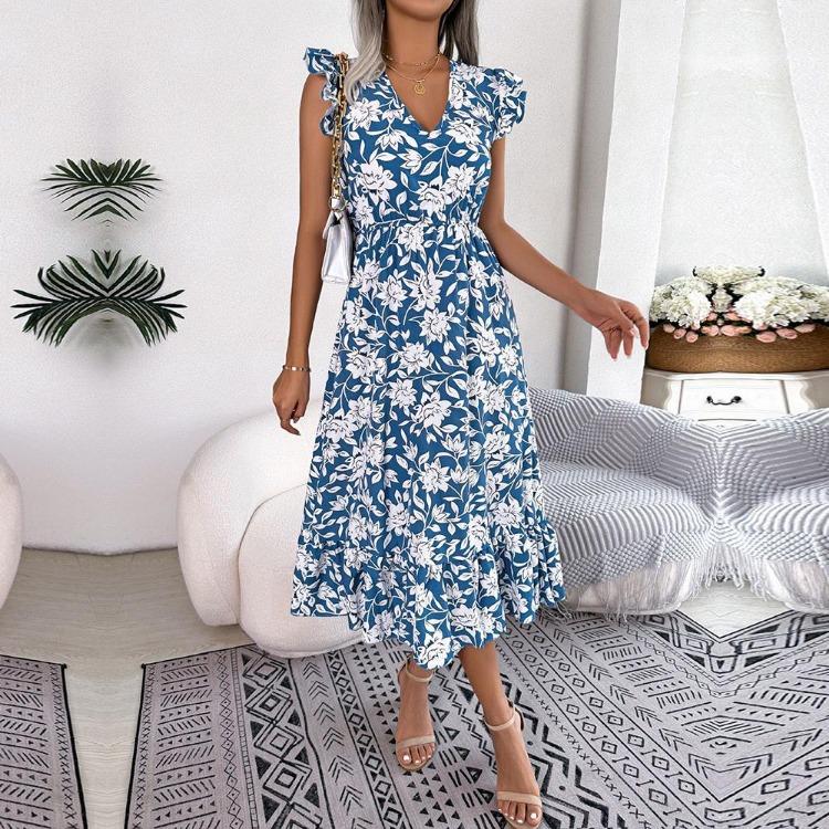 Summer Women Floral High Waist Sleeveless V Neck Holiday Dress Wood Ear Edge Design