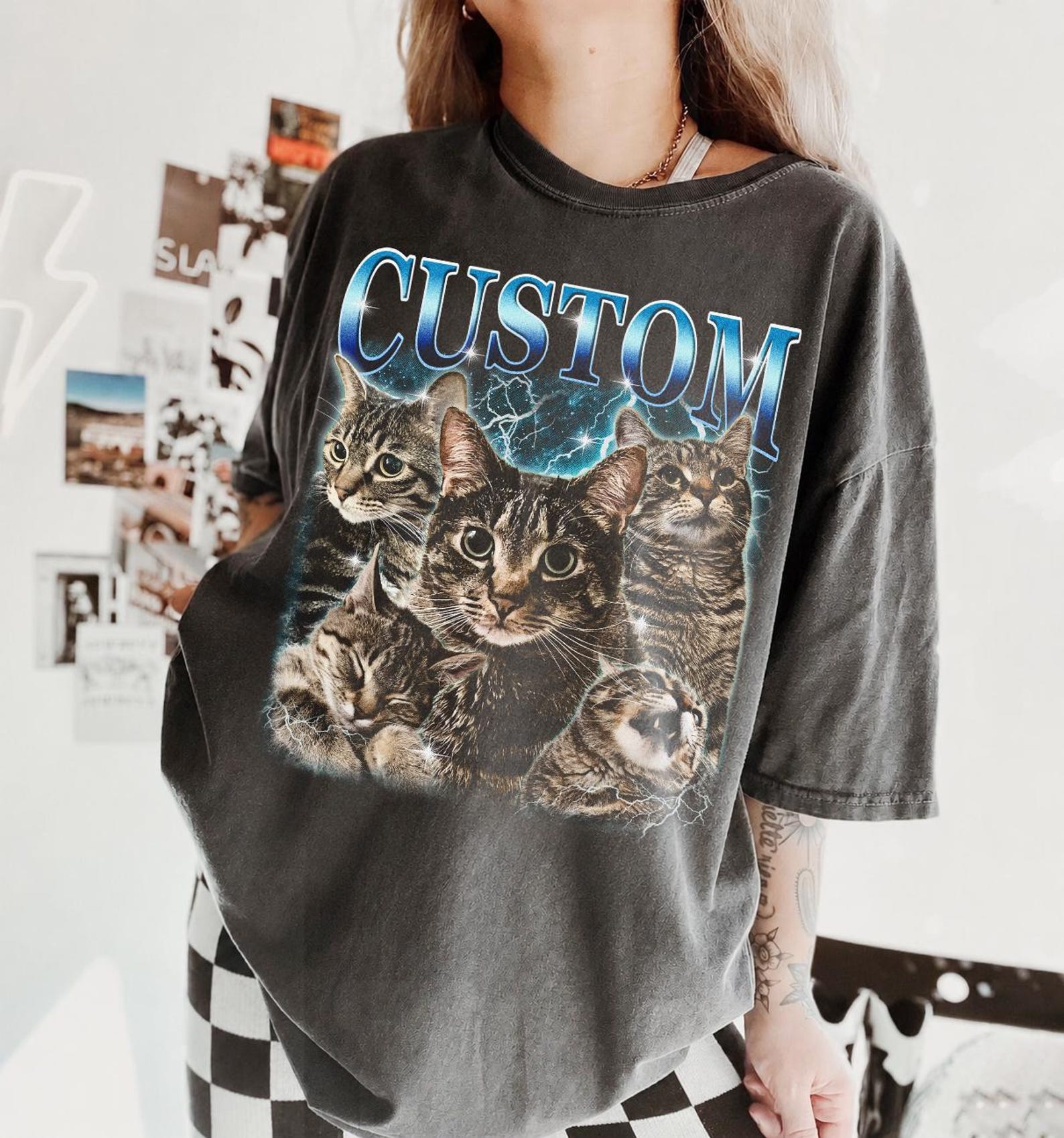Custom Cat Portrait Vintage Bootleg T-Shirt, Comfort Colors Pet Name Tee L