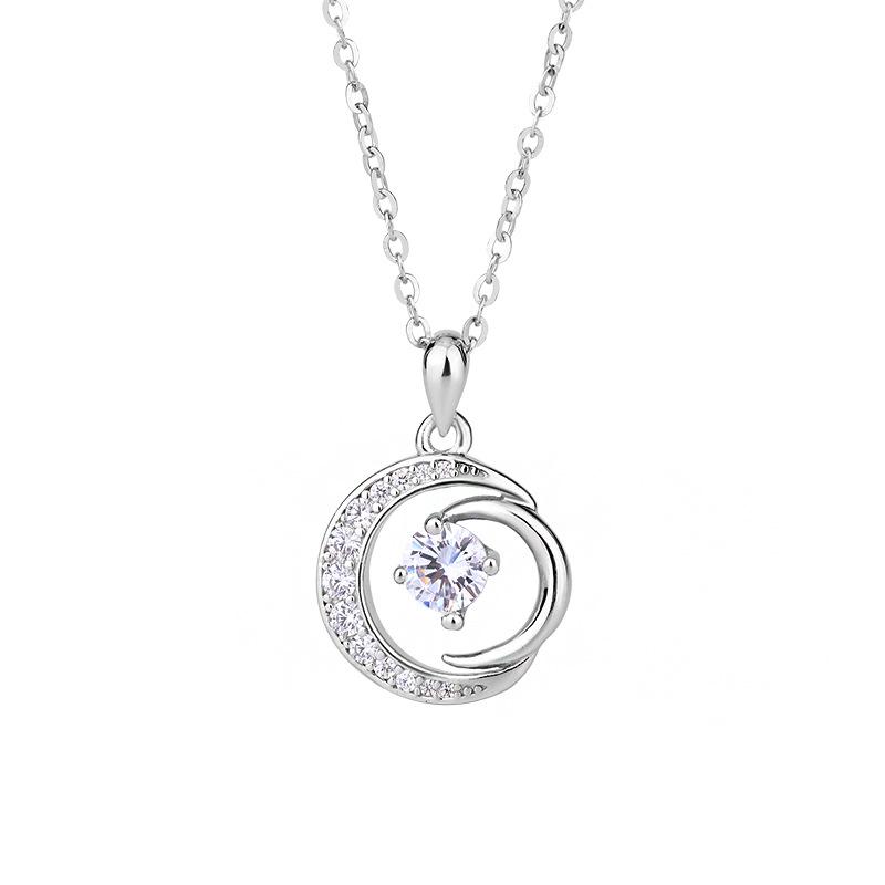 Sterling Silver Double Moon Companion Zircon Necklace Womens Elegant Versatile Clavicle Chain Fashion Jewelry Accessory