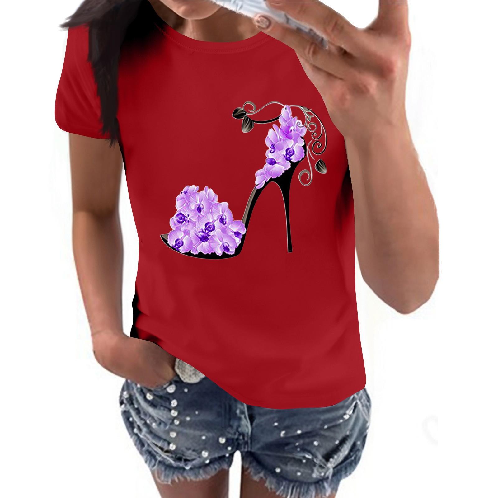 Women s Casual High Heels Floral Print Casual Short-sleeved T-shirt Pullover Round Neck Short-sleeved Top M
