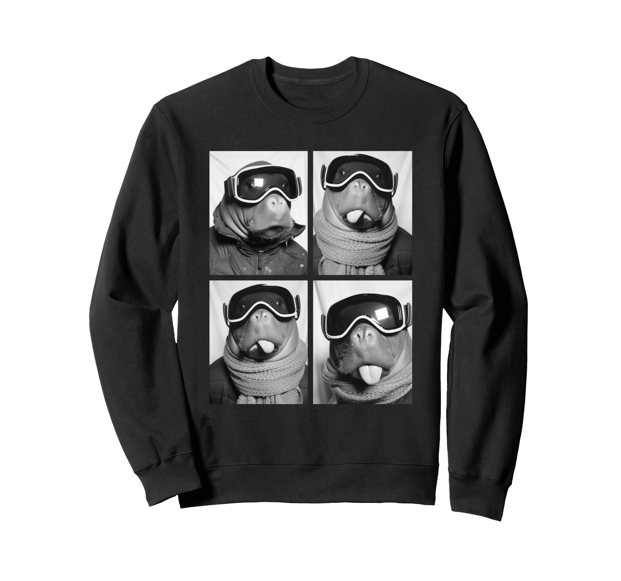 

Cute manatee with snow funny marine goggles, animal, winter. чёрный