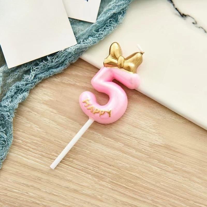 1pc Pink Numbered Birthday Candles Golden Bow Cake Decoration for Children boys Girls Teenage Birthday Baking Decoration Plugins