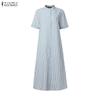 ZANZEA Women Casual Round Neck Summer Short Sleeve Stripe Dress
