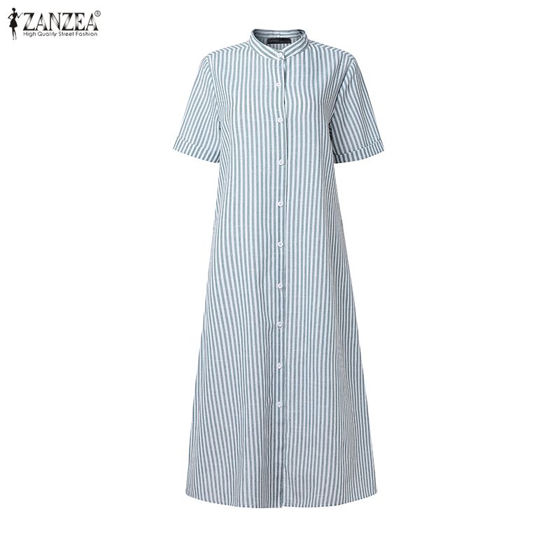 ZANZEA Women Casual Round Neck Summer Short Sleeve Stripe Dress